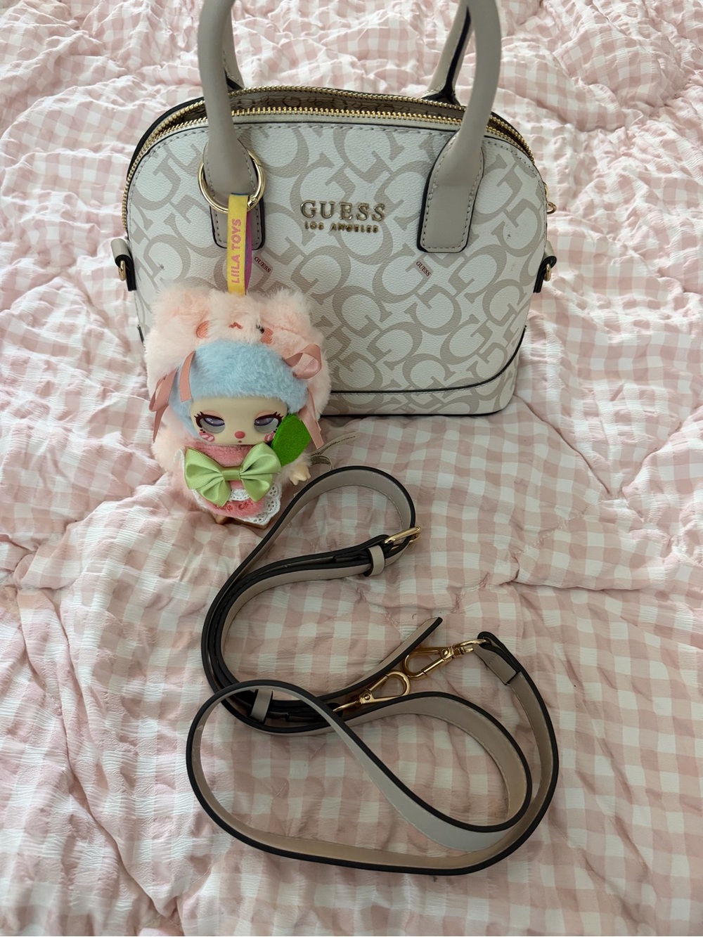 GUESS White Logo Dome Satchel with Gold Hardware